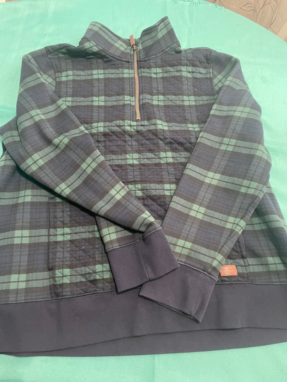 L.L. Bean Navy & Green Plaid Leather Patch Pullover